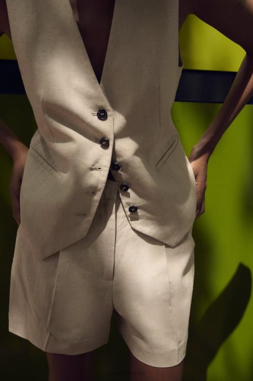 moterys Zara aukšti lino mišinio šortai šviesiai smėlio spalvos apranga 4N488574