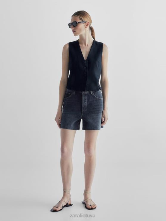 moterys Zara džinsiniai šortai aukštu juosmeniu su odine kišene vidurio mėlyna apranga 4N488865