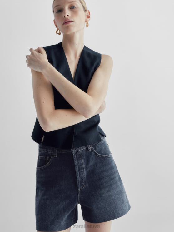 moterys Zara džinsiniai šortai aukštu juosmeniu su odine kišene vidurio mėlyna apranga 4N488865