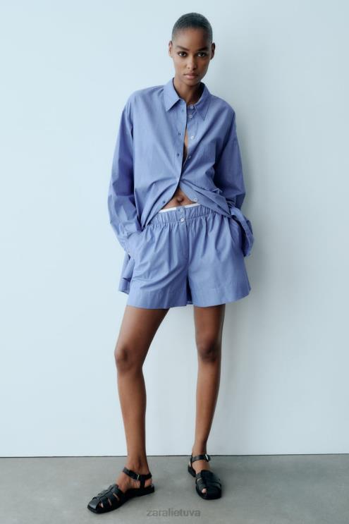 moterys Zara dryžuoti poplino šortai mėlyna apranga 4N488600