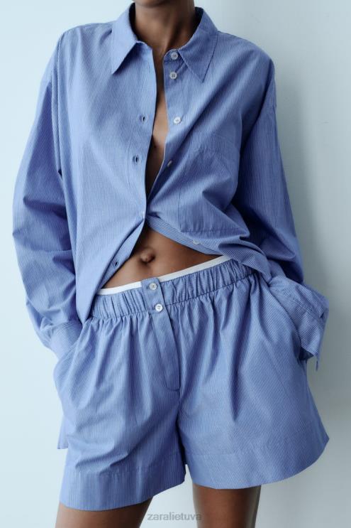 moterys Zara dryžuoti poplino šortai mėlyna apranga 4N488600