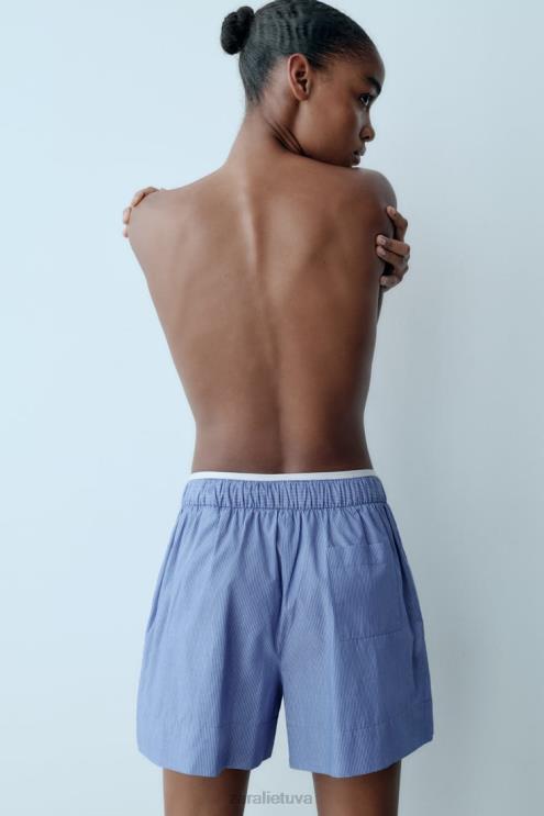 moterys Zara dryžuoti poplino šortai mėlyna apranga 4N488600