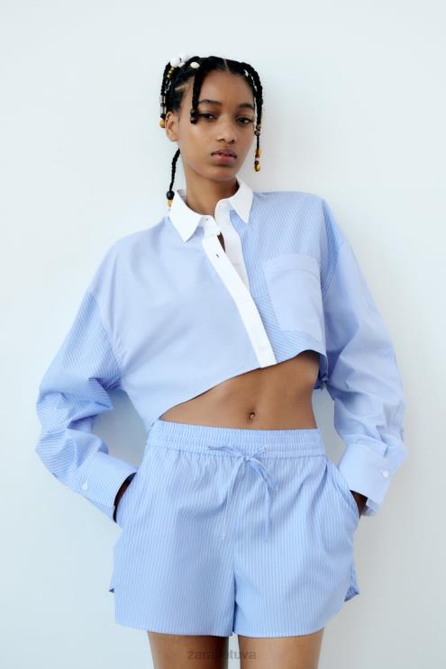 moterys Zara dryžuoti poplino šortai mėlyna/balta apranga 4N488590