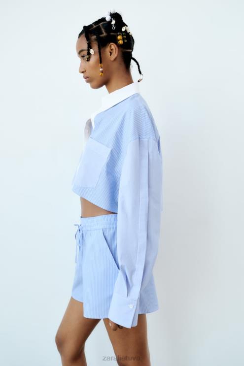 moterys Zara dryžuoti poplino šortai mėlyna/balta apranga 4N488590