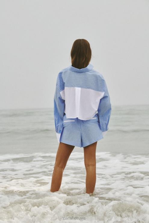 moterys Zara dryžuoti poplino šortai mėlyna/balta apranga 4N488602