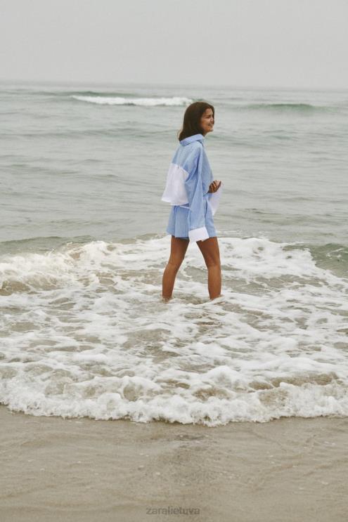 moterys Zara dryžuoti poplino šortai mėlyna/balta apranga 4N488602