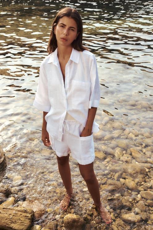 moterys Zara lino mišinio cargo šortai baltas apranga 4N488540