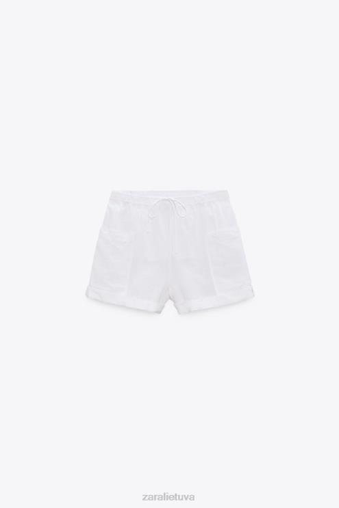 moterys Zara lino mišinio cargo šortai baltas apranga 4N488540