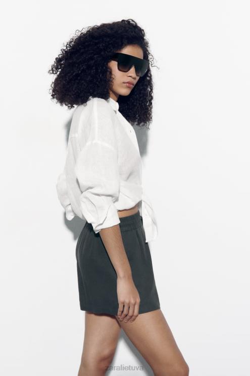 moterys Zara lino mišinio elastingi šortai su juosmeniu antracito pilka apranga 4N488577