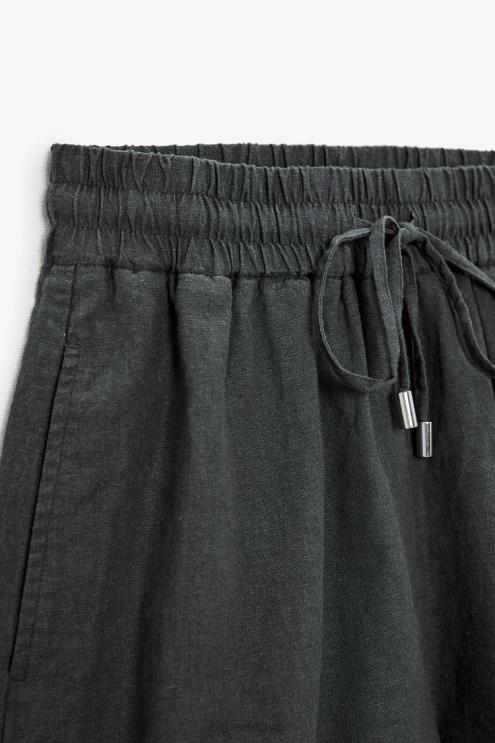 moterys Zara lino mišinio elastingi šortai su juosmeniu antracito pilka apranga 4N488577