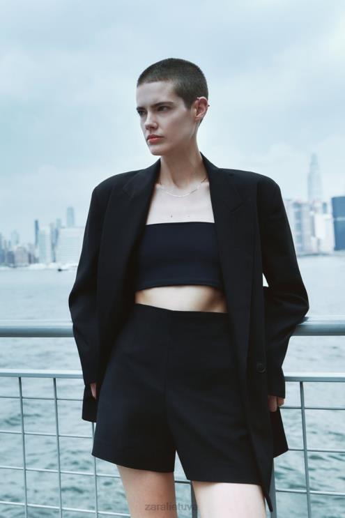 moterys Zara šortai aukštu liemeniu juodas apranga 4N488626