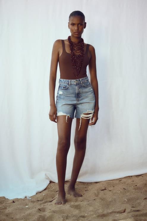 moterys Zara plėšyti džinsiniai šortai z1975 m vidurio mėlyna apranga 4N488555