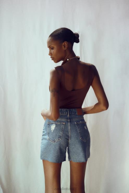 moterys Zara plėšyti džinsiniai šortai z1975 m vidurio mėlyna apranga 4N488555