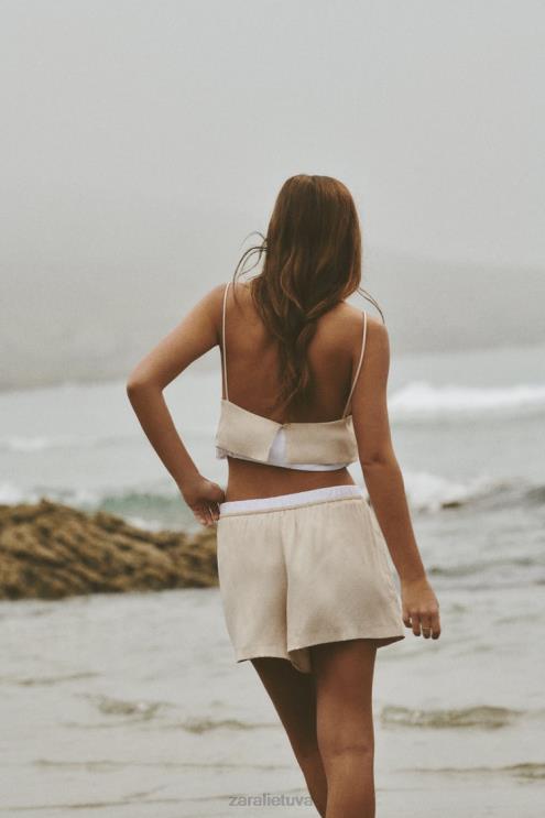 moterys Zara satino efekto poplino apdailos šortai akmuo apranga 4N488584