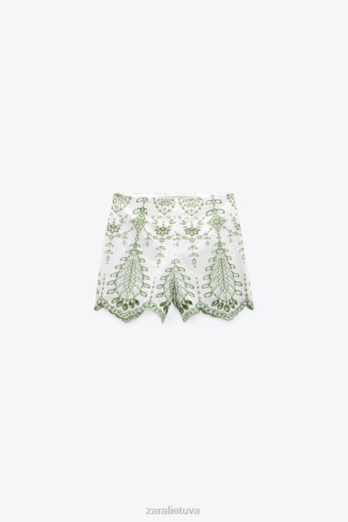 moterys Zara siuvinėti šortai žalia/ekru apranga 4N488576