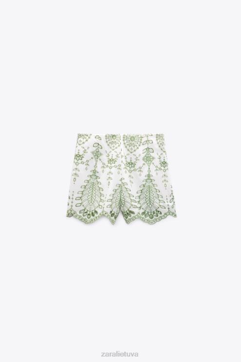 moterys Zara siuvinėti šortai žalia/ekru apranga 4N488576
