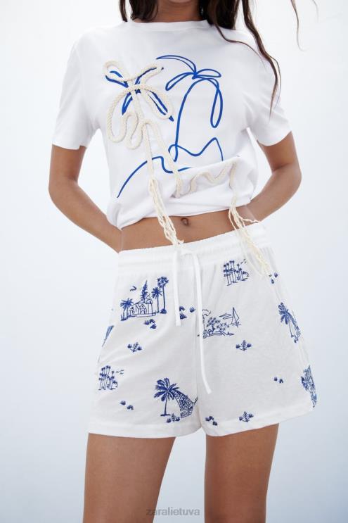 moterys Zara siuvinėti šortai balta/navy apranga 4N488615