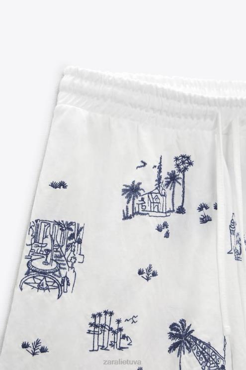 moterys Zara siuvinėti šortai balta/navy apranga 4N488615