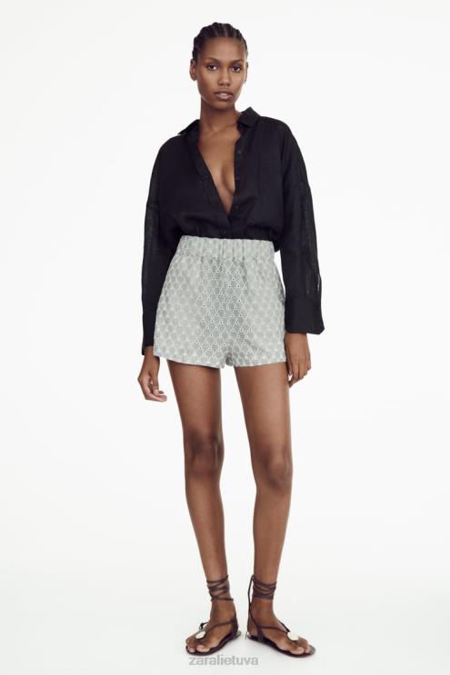 moterys Zara siuvinėti šortai su akutėmis ekru/mėlyna apranga 4N488613