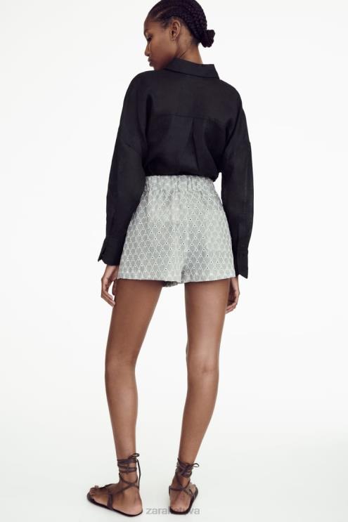 moterys Zara siuvinėti šortai su akutėmis ekru/mėlyna apranga 4N488613