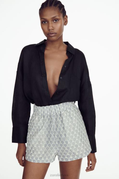 moterys Zara siuvinėti šortai su akutėmis ekru/mėlyna apranga 4N488613
