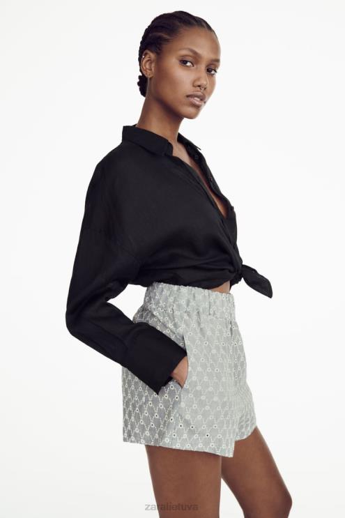 moterys Zara siuvinėti šortai su akutėmis ekru/mėlyna apranga 4N488613