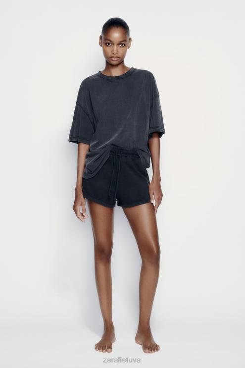 moterys Zara skalbto efekto pliušiniai šortai juodas apranga 4N488553
