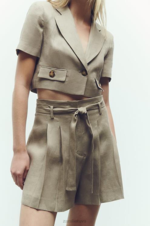 moterys Zara surišti lininiai šortai smėlio spalvos apranga 4N488616