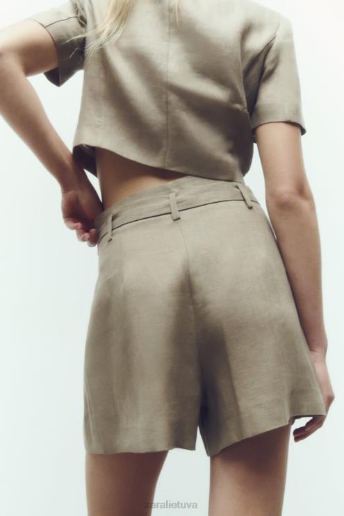 moterys Zara surišti lininiai šortai smėlio spalvos apranga 4N488616