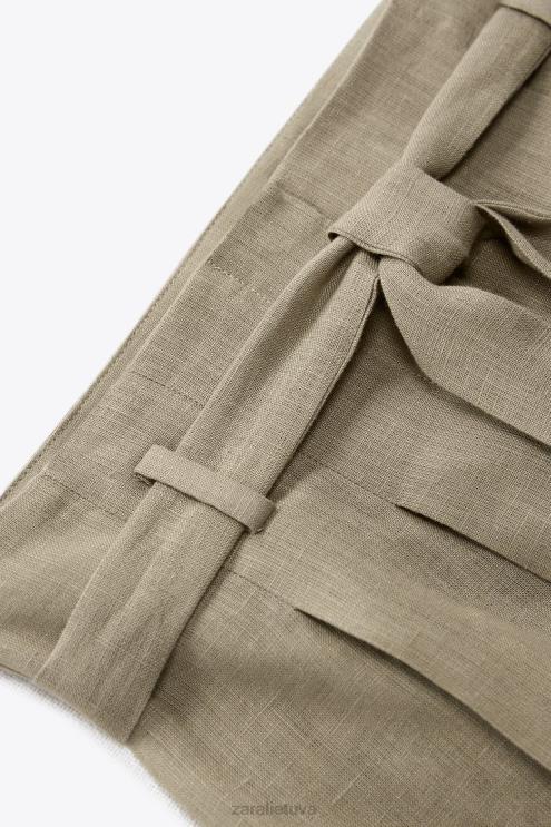 moterys Zara surišti lininiai šortai smėlio spalvos apranga 4N488616