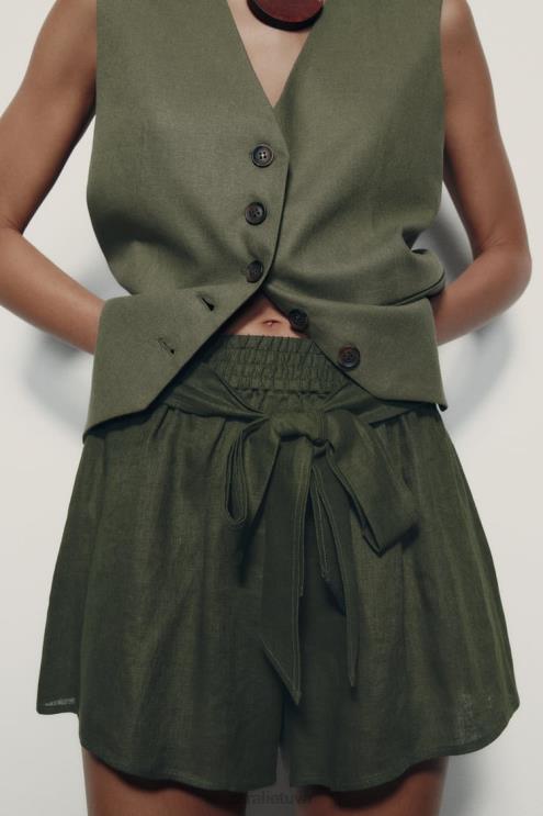 moterys Zara surišti lininiai šortai tamsi chaki apranga 4N488627