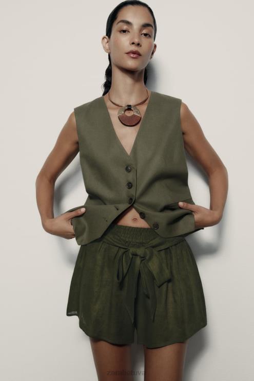 moterys Zara surišti lininiai šortai tamsi chaki apranga 4N488627