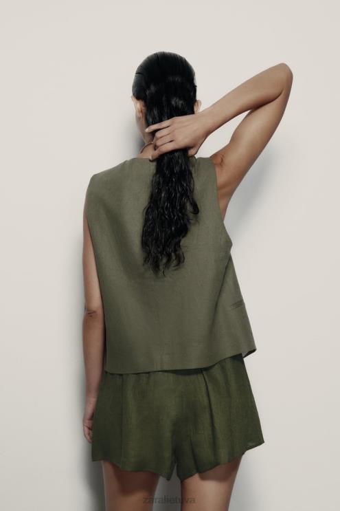 moterys Zara surišti lininiai šortai tamsi chaki apranga 4N488627