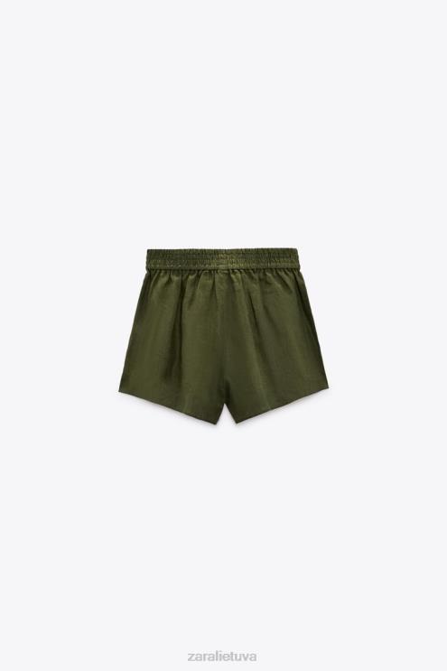 moterys Zara surišti lininiai šortai tamsi chaki apranga 4N488627
