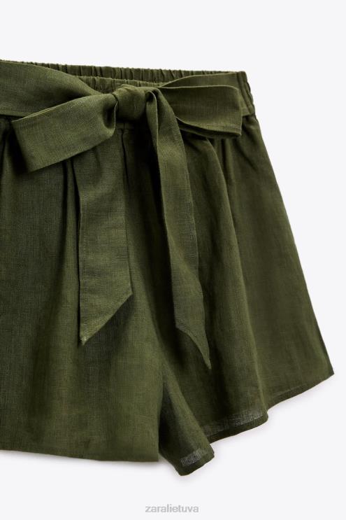 moterys Zara surišti lininiai šortai tamsi chaki apranga 4N488627