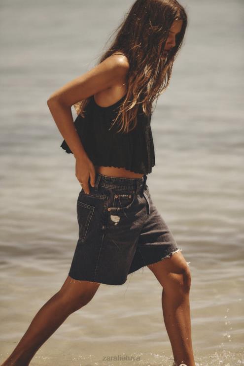 moterys Zara trf laisvi džinsiniai šortai antracito pilka apranga 4N488558