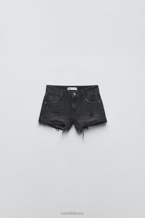 moterys Zara z1975 mažo aukščio plėšyti džinsiniai šortai juodas apranga 4N488578