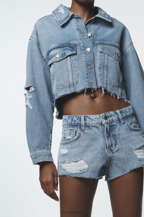 moterys Zara z1975 plėšyti mini džinsiniai šortai vidurio mėlyna apranga 4N488549
