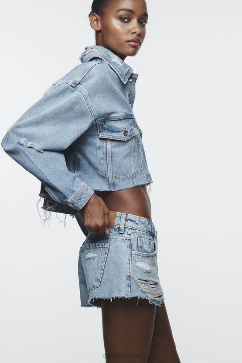 moterys Zara z1975 plėšyti mini džinsiniai šortai vidurio mėlyna apranga 4N488549