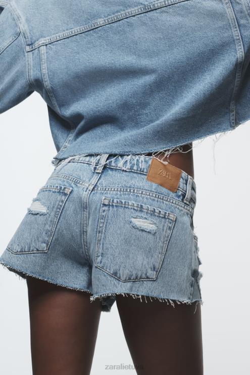 moterys Zara z1975 plėšyti mini džinsiniai šortai vidurio mėlyna apranga 4N488549