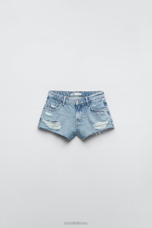 moterys Zara z1975 plėšyti mini džinsiniai šortai vidurio mėlyna apranga 4N488549