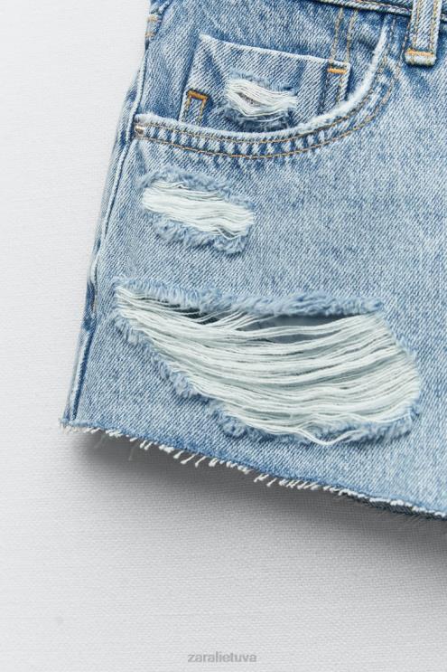 moterys Zara z1975 plėšyti mini džinsiniai šortai vidurio mėlyna apranga 4N488549