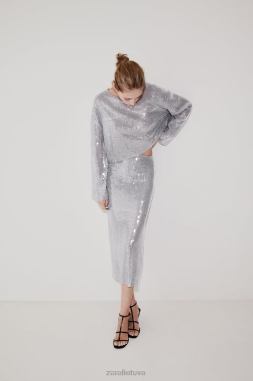 moterys Zara marškinėliai su blizgučiais pilka apranga 4N488930