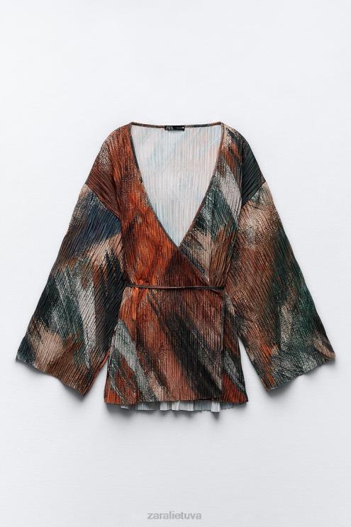 moterys Zara margintas klostuotas kimono apelsinai apranga 4N488925