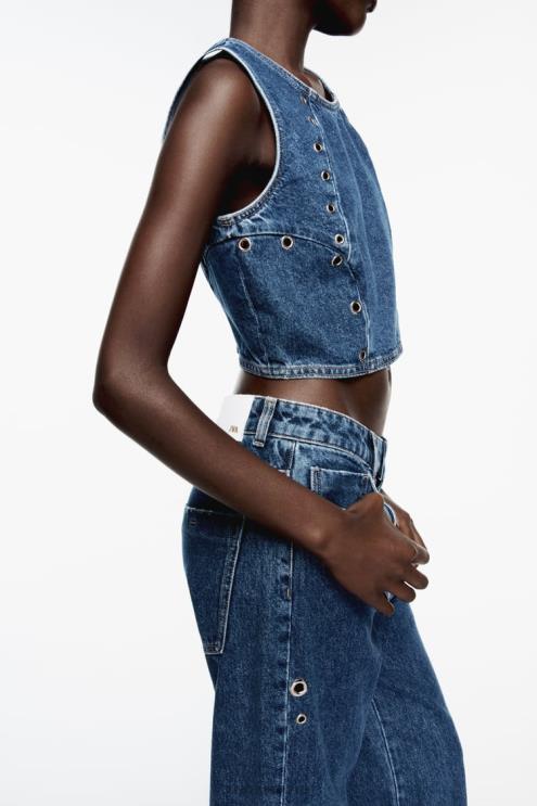 moterys Zara z1975 žiedinis džinsinis viršus vidurio mėlyna apranga 4N488920