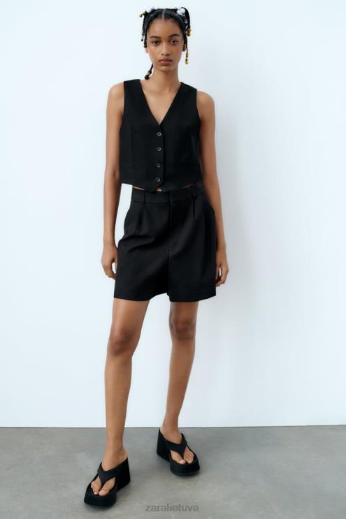 moterys Zara karpytos lino mišinio liemenė juodas apranga 4N488902