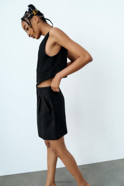 moterys Zara karpytos lino mišinio liemenė juodas apranga 4N488902