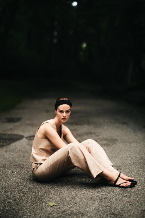 moterys Zara lino mišinio tiesios kelnės smėlis apranga 4N488887