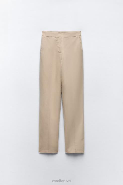 moterys Zara lino mišinio tiesios kelnės smėlis apranga 4N488887