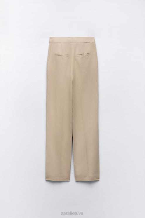 moterys Zara lino mišinio tiesios kelnės smėlis apranga 4N488887